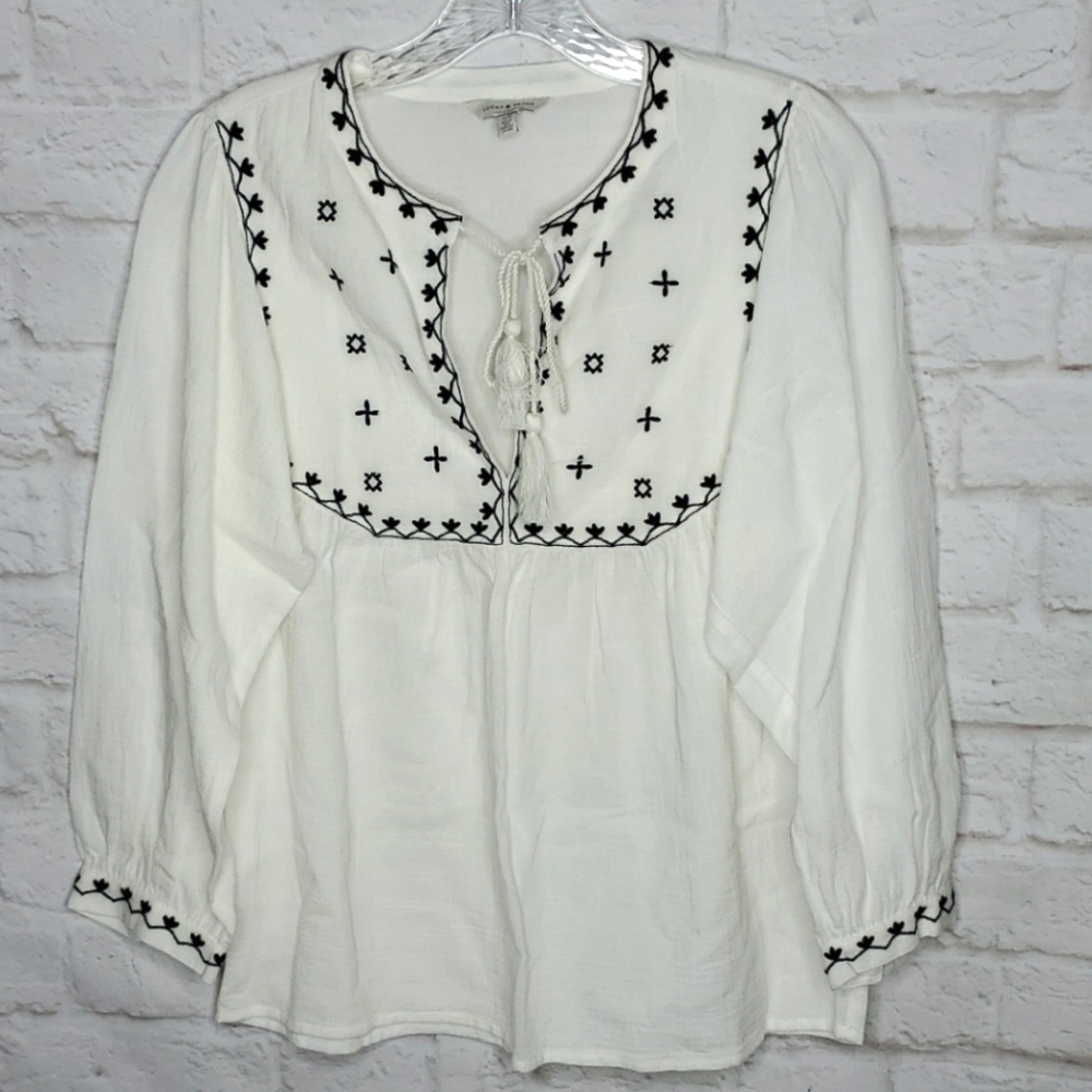 EUC Lucky Boho Embroidered Peasant Top Size Small
